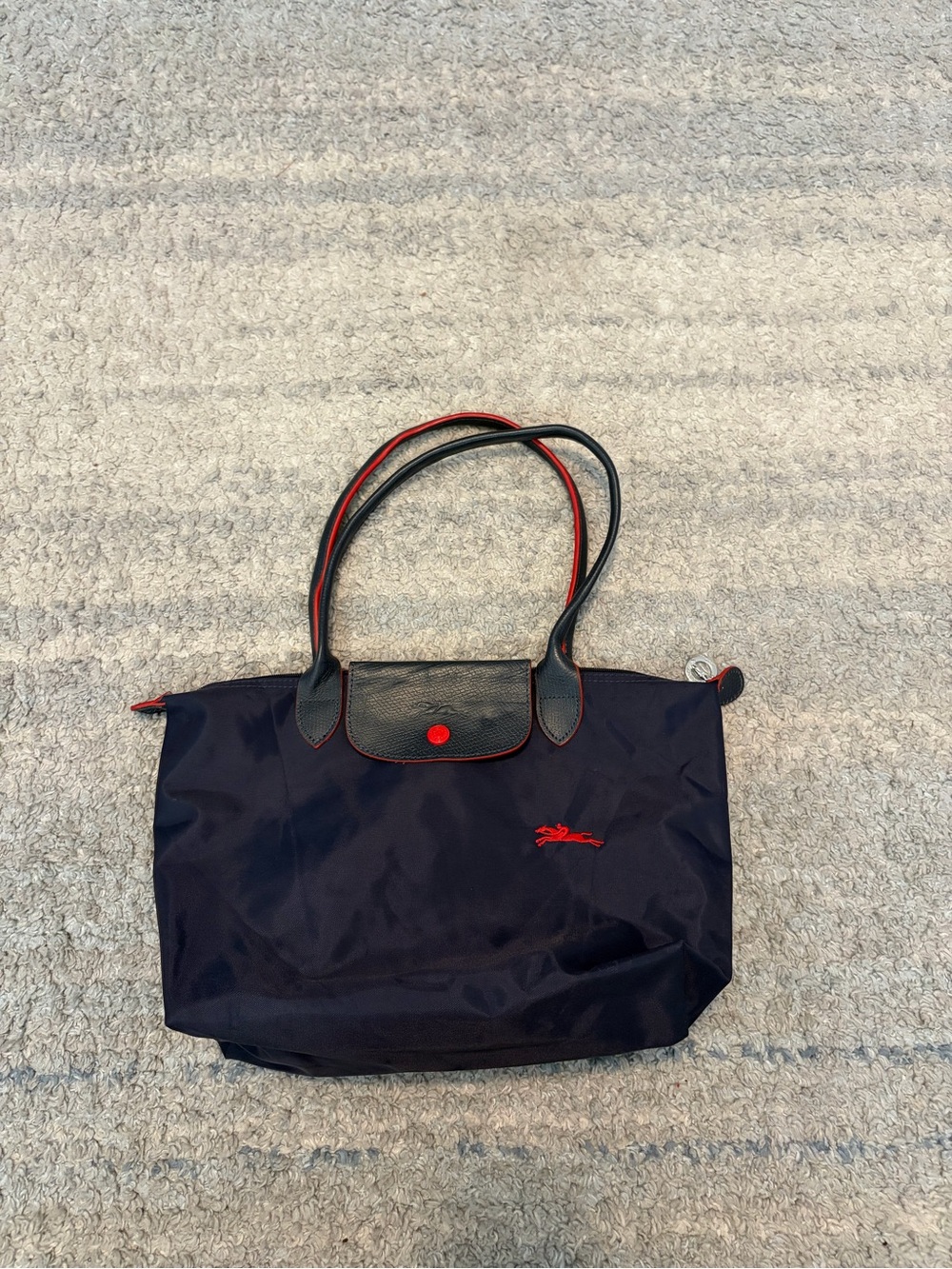Longchamp Le Pliage Club Small Shoulder Tote Navy Blue Red Horse Logo Nylon Bag